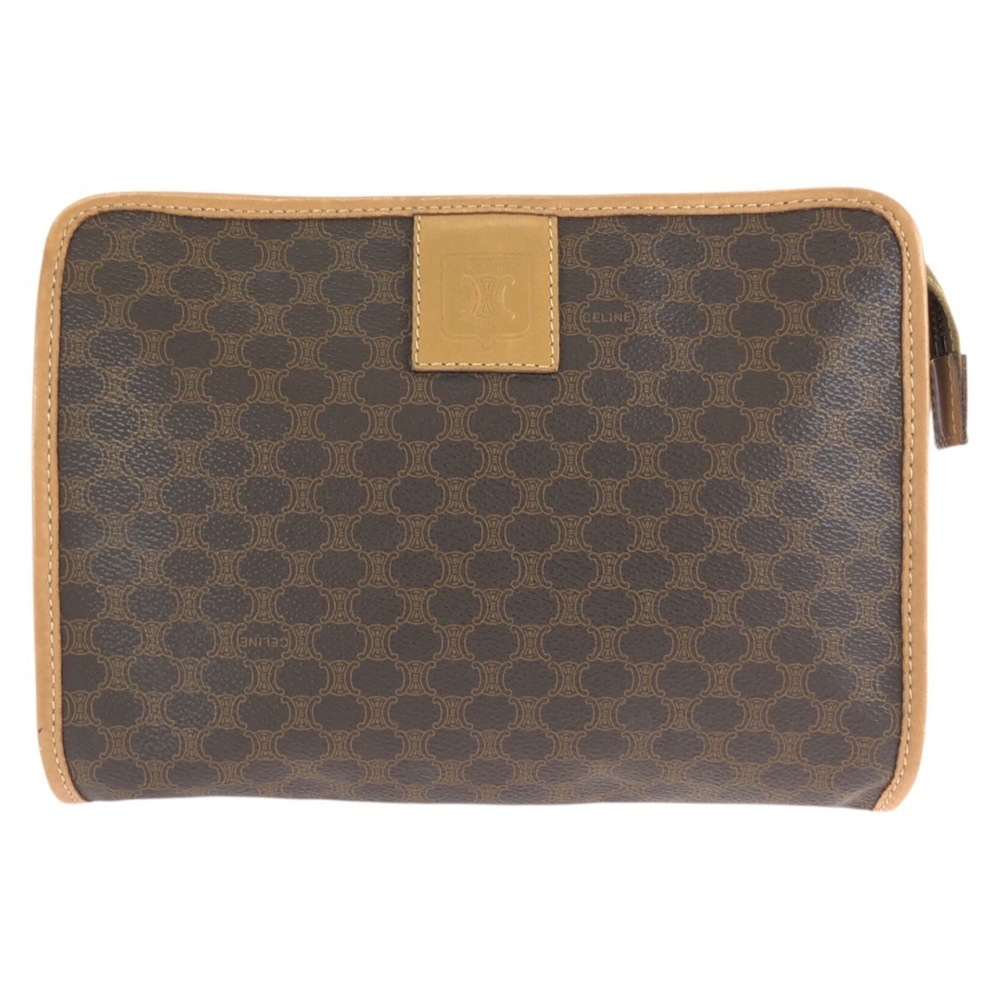 CELINE Vintage Macadam Brown Leather Clutch Bag with Gold Hardware - Men's